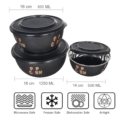 Zaib Stainless Steel Micrwoave Safe Containers with Lid for Kitchen Food Stroage | Euro Mixing Bowls 14cm, 16cm, 18cm (Classic Popcorn 3) - Image 3