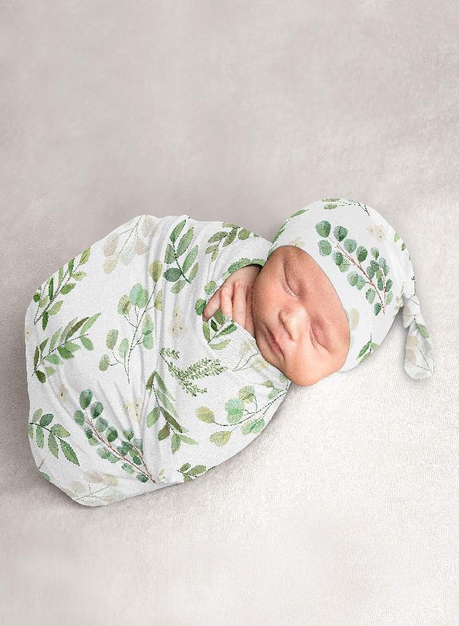 Sweet Jojo Designs Sweet Jojo Designs Floral Leaf Baby Boy or Girl Cocoon and Beanie Hat 2pc Set Jersey Stretch Knit Sleeping Bag for Infant Newborn Nursery Sleep Wrap Sack - Green White Boho Botanical Woodland Garden  - Image 1