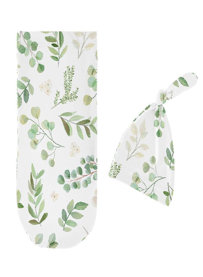 Sweet Jojo Designs Sweet Jojo Designs Floral Leaf Baby Boy or Girl Cocoon and Beanie Hat 2pc Set Jersey Stretch Knit Sleeping Bag for Infant Newborn Nursery Sleep Wrap Sack - Green White Boho Botanical Woodland Garden  - Image 2