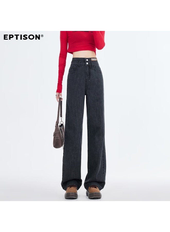 EPTISON Yipintiancheng Loose High-waist Slim Straight-leg Jeans Casual Unique Double-on Design Autumn Women's Simple Slim Fit Versatile Pants - Image 1