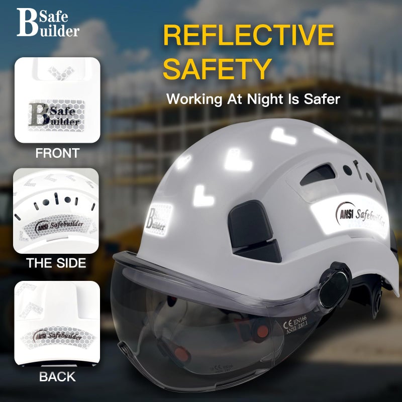 Safebuilder Safety Helmet Hard Hat With Visor Adjustable Lightweight Vented Work Hard Hats For Men Ansi Z89.1 Approved Industrial (01-White Helmet With Clear Tinted Visor) - Image 5