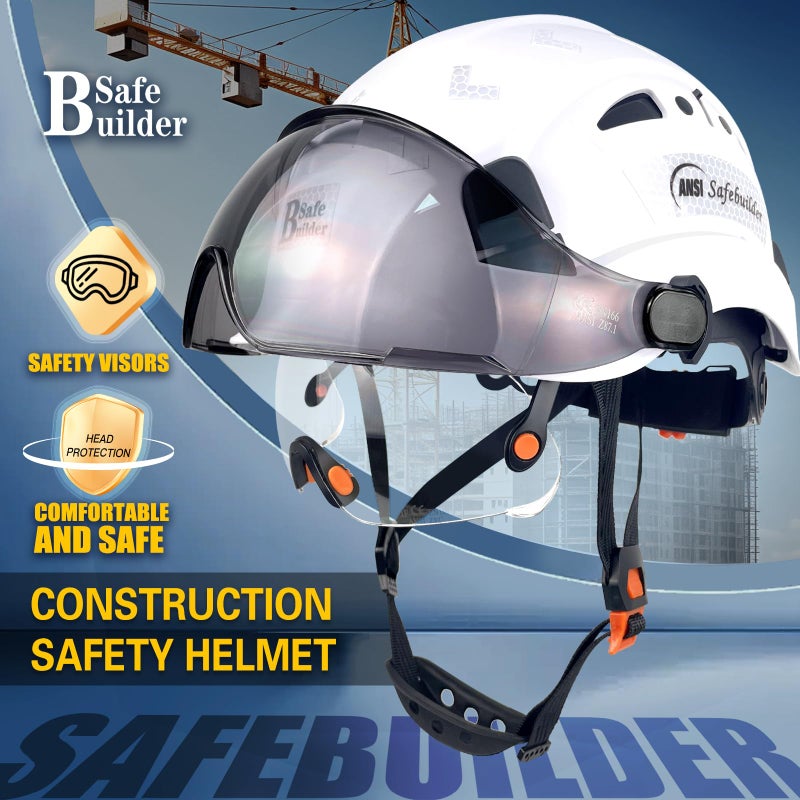 Safebuilder Safety Helmet Hard Hat With Visor Adjustable Lightweight Vented Work Hard Hats For Men Ansi Z89.1 Approved Industrial (01-White Helmet With Clear Tinted Visor) - Image 2