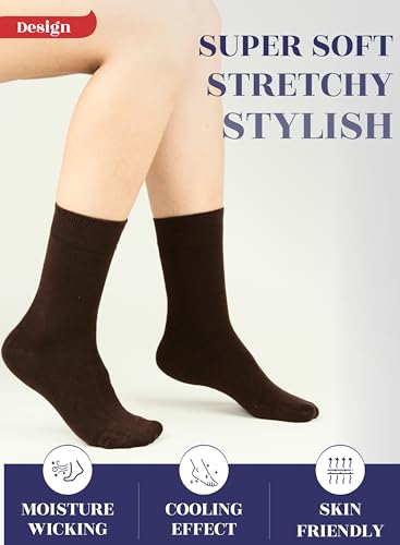 Hugh Ugoli Womens Rayon derived from Bamboo Dress Socks, Crew Soft Thin Calf Socks for Business, Trouser & Casual, Brown, 3 Pairs, Shoe Size: 6-9 - Image 3