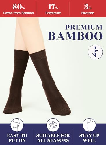 Hugh Ugoli Womens Rayon derived from Bamboo Dress Socks, Crew Soft Thin Calf Socks for Business, Trouser & Casual, Brown, 3 Pairs, Shoe Size: 6-9 - Image 4
