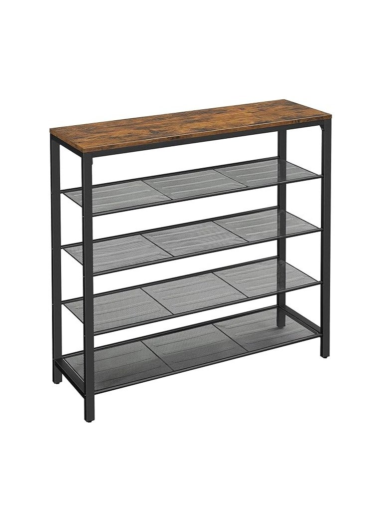 VASAGLE Shoe Rack, Shoe Storage Organiser with 4 Mesh Shelves and Large Surface for Bags, Shoe Shelf for Entryway, Hallway, Closet, Steel Frame, Industrial, Rustic Brown and Black - Image 1