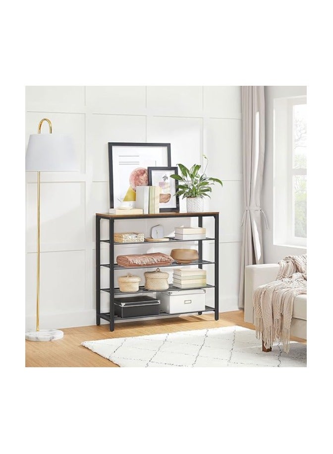 VASAGLE Shoe Rack, Shoe Storage Organiser with 4 Mesh Shelves and Large Surface for Bags, Shoe Shelf for Entryway, Hallway, Closet, Steel Frame, Industrial, Rustic Brown and Black - Image 3