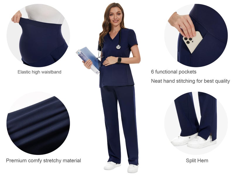 POSHGLAM Women's Maternity Scrubs Pant 6-Pocket Stretchy Comfy Workwear Casual Pregnancy Pants(New Navy, Medium) - Image 3