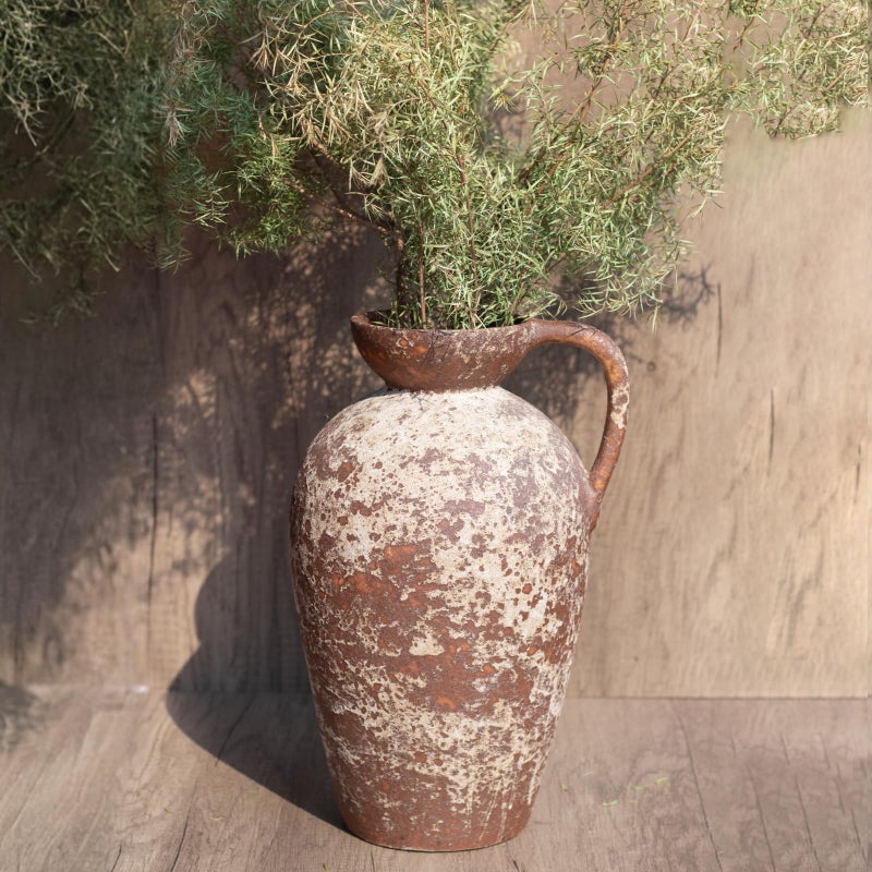 Brown Ceramic Rustic Farmhouse Vase Jug Pitcher with Handle Distressed Antique Terracotta Pottery Flower Vase 142 Inch Handmade Large Floor Vintage Decorative for Home Living Room Decor
