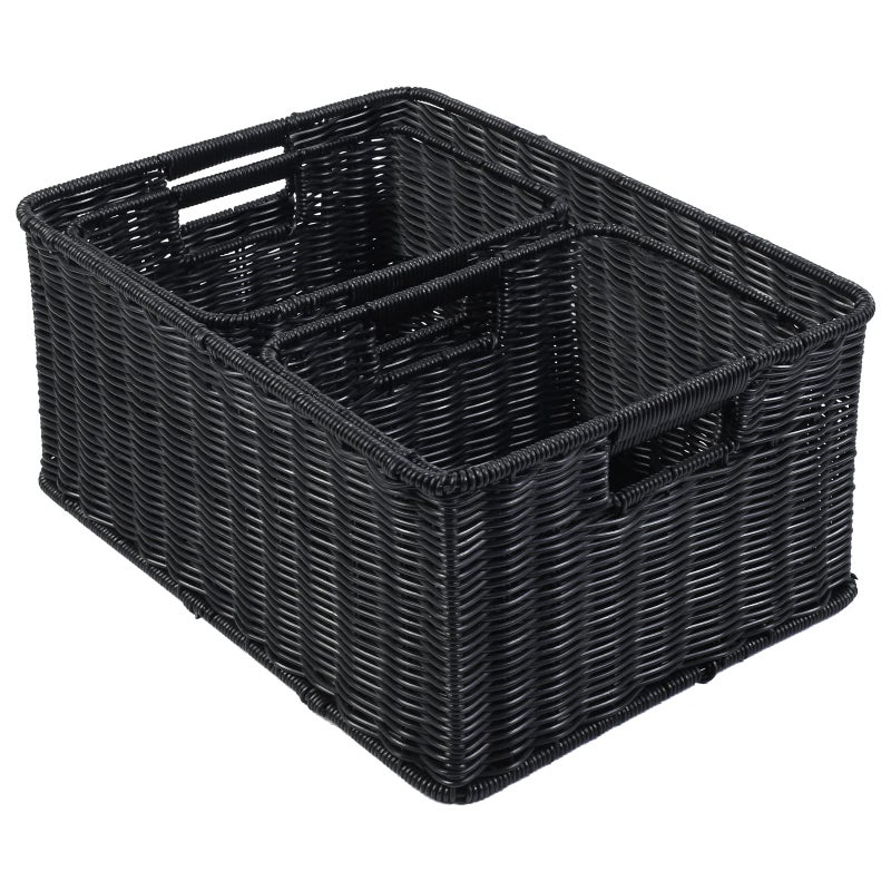 HOONEX Large Wicker Baskets for Storage Woven Plastic With Dual Handles Set of 3 Black