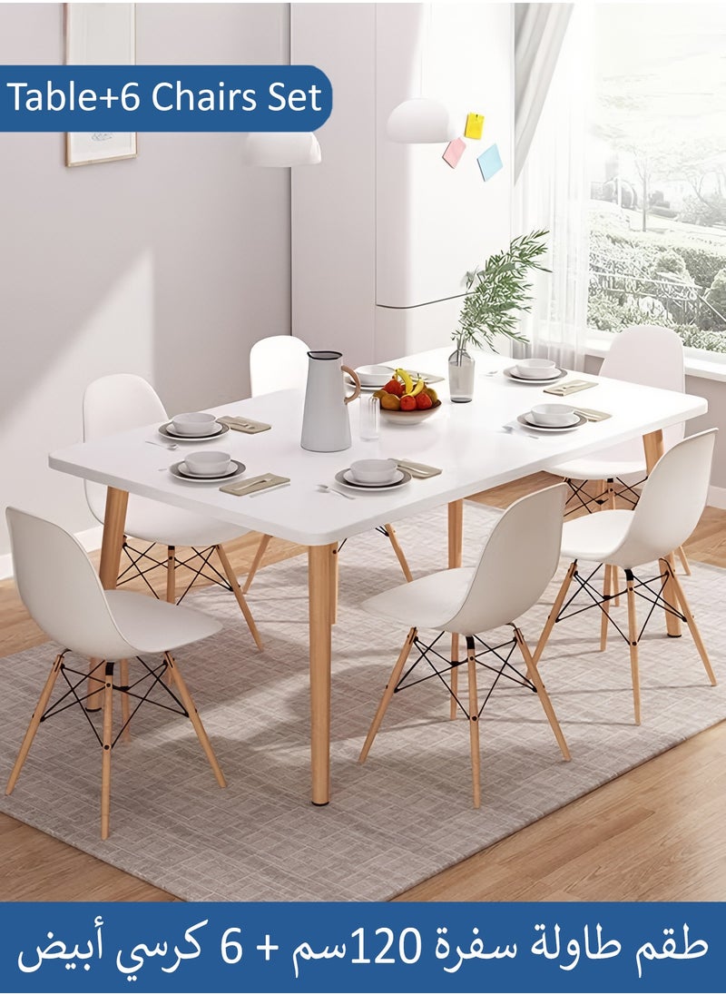 Taimi 7-Piece Dining Set,Modern Rectangular Dining Table with 6 Elegant Chairs | Solid White Wood Table 120x60x73cm with 6 White Plastic Chairs and Wooden Legs  - Image 1