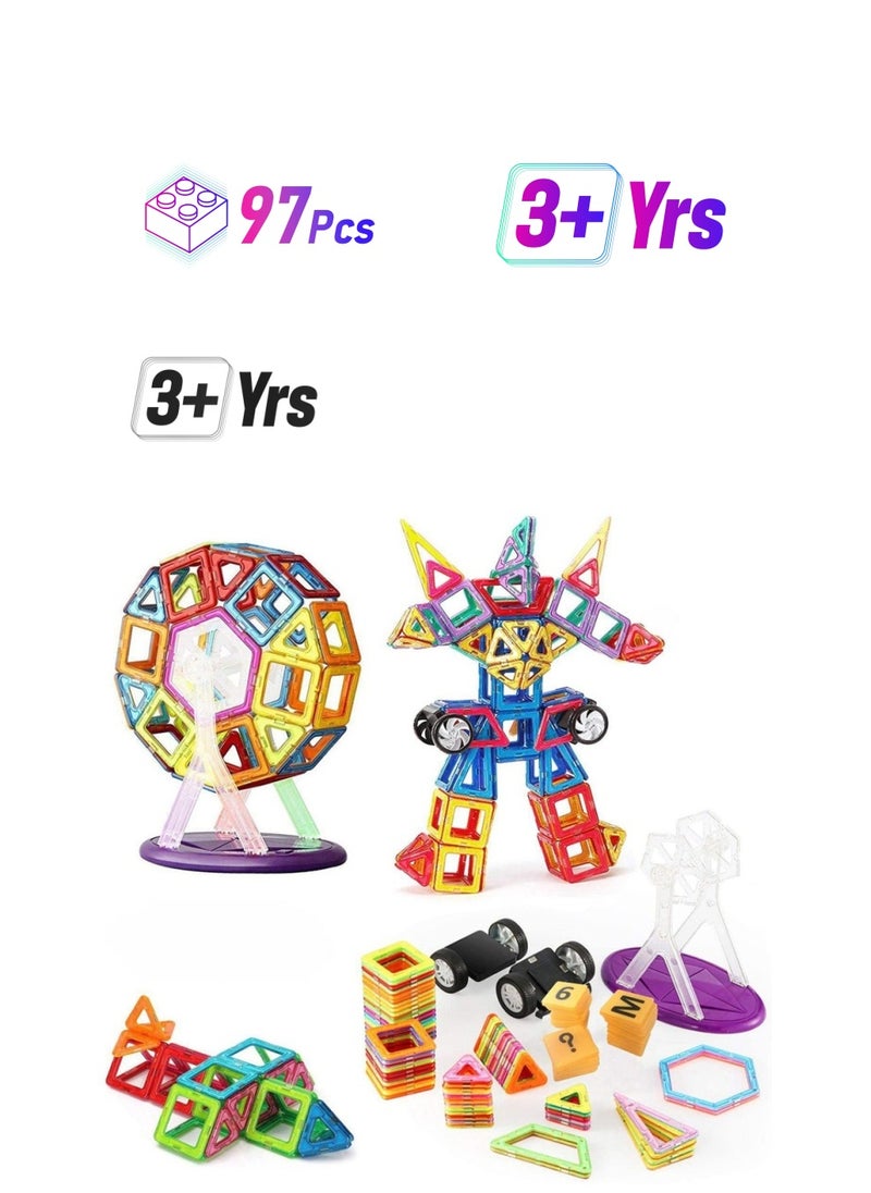Magnetic Building Blocks, 97Pieces Magnetic Shapes, ABS Safety Plastic, Instruction Booklet Included, Construction Toys Educational Toys for Toddlers  Kids  - Image 1
