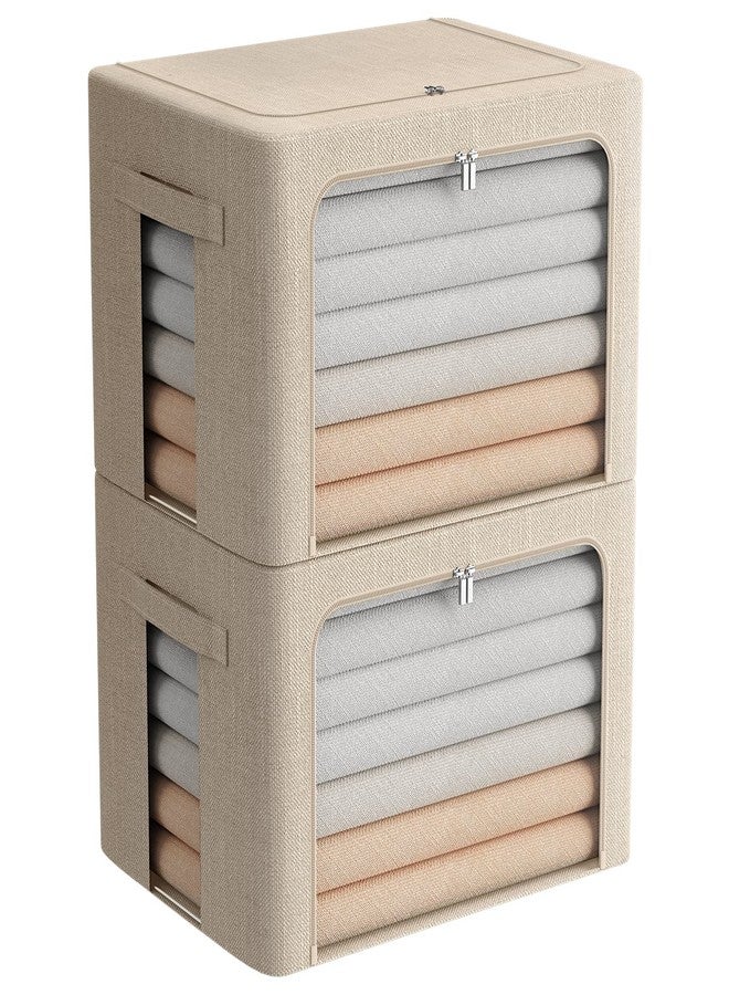FHSQX Extra Large Clothes Storage Bins Foldable Metal Frame Storage Box Stackable Linen Fabric Box Organizer Set with Carrying Handles and Clear Window (Beige, 23.6x 16.5x 15.7 Inch) - Image 1