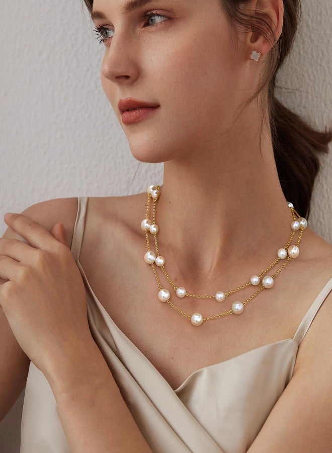 TEN MIRO Chunky Gold Pearl Necklaces for Women Trendy, White Double Layered Pearl Necklaces Elegant Multi Strand Pearls Choker Necklace for Women Stackable 8/10MM Imitation Pearls Statement Necklace - Image 3