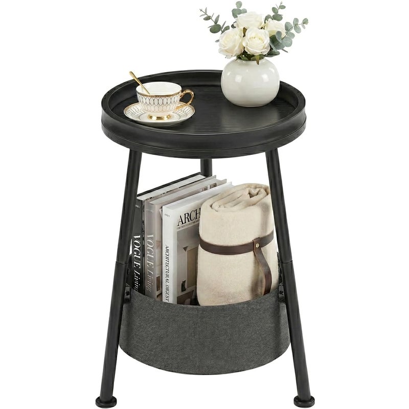 LEMONDA Small Round Side Table with Storage Basket, 11.8" Compact End Table with Tray Top & Fabric Bin, Black Wood Bedside Nightstand for Living Room, Bedroom, Small Spaces - Image 1