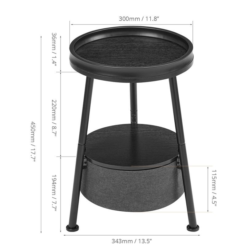 LEMONDA Small Round Side Table with Storage Basket, 11.8" Compact End Table with Tray Top & Fabric Bin, Black Wood Bedside Nightstand for Living Room, Bedroom, Small Spaces - Image 3