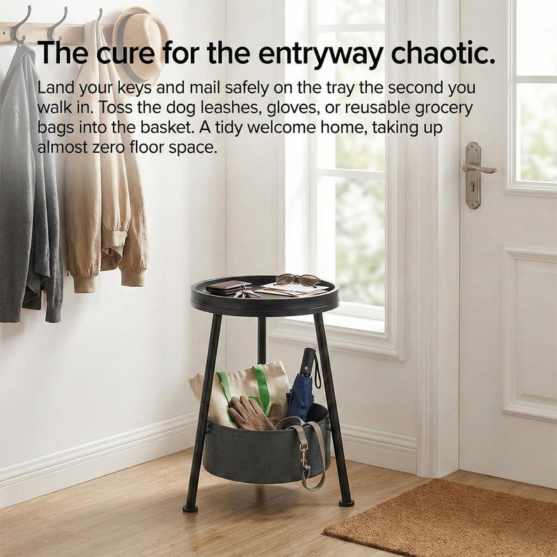 LEMONDA Small Round Side Table with Storage Basket, 11.8" Compact End Table with Tray Top & Fabric Bin, Black Wood Bedside Nightstand for Living Room, Bedroom, Small Spaces - Image 5