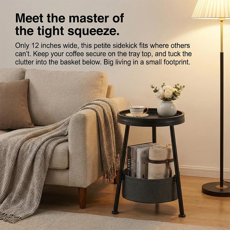 LEMONDA Small Round Side Table with Storage Basket, 11.8" Compact End Table with Tray Top & Fabric Bin, Black Wood Bedside Nightstand for Living Room, Bedroom, Small Spaces - Image 2