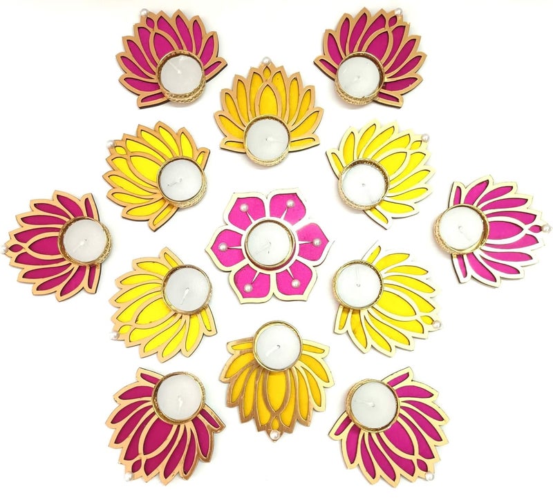 CREYENTES Decorative Lotus Rangoli Set with Tealight Holder and Tealight CandlesFloor Decoration for Festival Diwali Ganesh Chaturthi Laxmi Pooja New Year 6 Yellow 6 Pink Pink Flower - Image 2