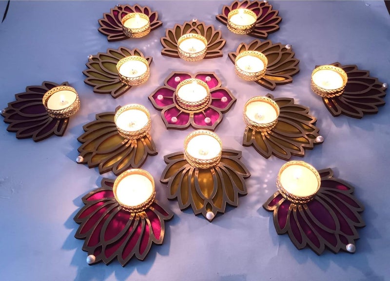 CREYENTES Decorative Lotus Rangoli Set with Tealight Holder and Tealight CandlesFloor Decoration for Festival Diwali Ganesh Chaturthi Laxmi Pooja New Year 6 Yellow 6 Pink Pink Flower - Image 3