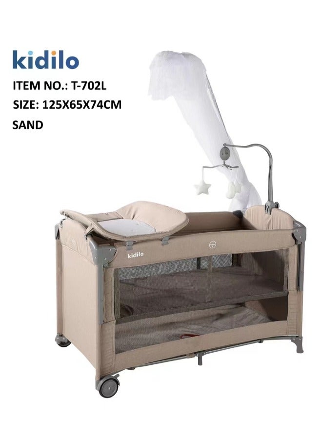 كيديليو سرير أطفال بجانب السرير مع سرير سفر قابل للطي بمستويات مختلفة مع شبكة ضد البعوض وألعاب كود (T702L) باللون  الرملي - Image 1