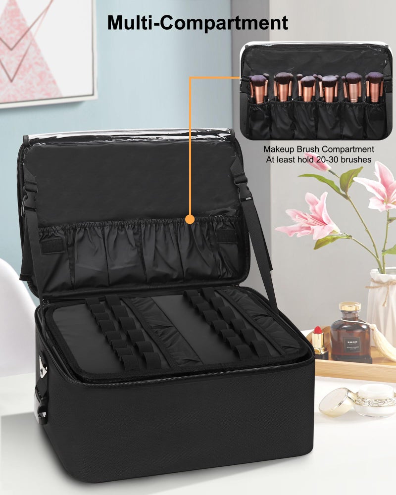 Relavel Makeup Bag Large Makeup Case Professional Cosmetic Storage Organizer Box Brush Holder with 3 Clear Set Bags for Makeup Artists with Shoulder Strap & Adjustable Dividers - Image 4