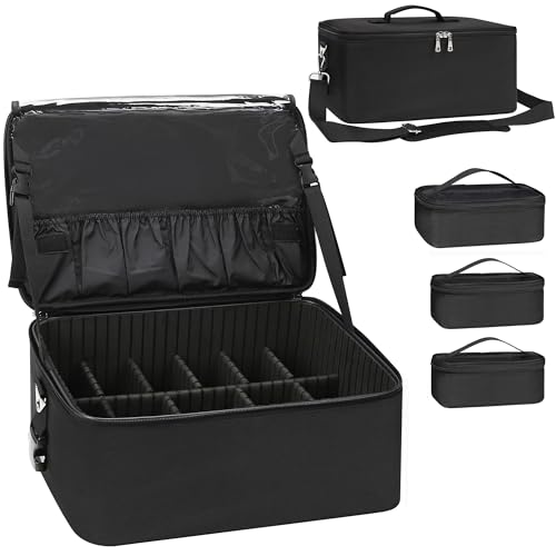 Relavel Makeup Bag Large Makeup Case Professional Cosmetic Storage Organizer Box Brush Holder with 3 Clear Set Bags for Makeup Artists with Shoulder Strap & Adjustable Dividers - Image 1