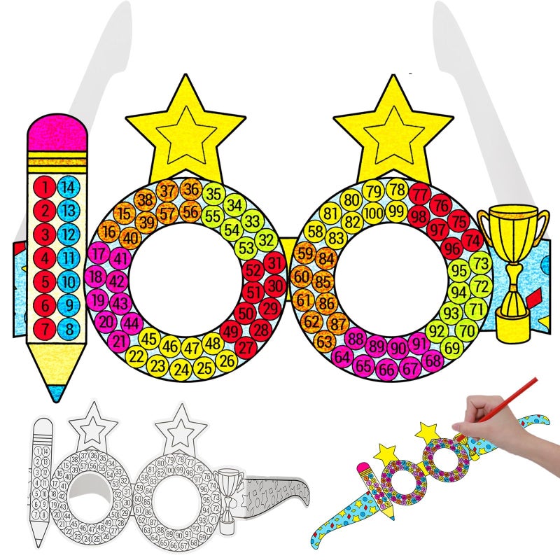 Lonfliness 36 Packs 100 Days of School Countdown Coloring Glasses Happy 100th Day of School DIY Coloring Paper Glasses Color Your Own Glass Crafts Gift Home Classroom Activities Games Supplies - Image 1
