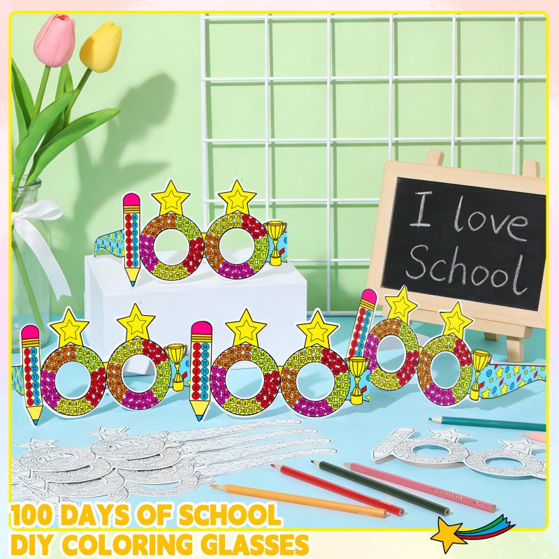 Lonfliness 36 Packs 100 Days of School Countdown Coloring Glasses Happy 100th Day of School DIY Coloring Paper Glasses Color Your Own Glass Crafts Gift Home Classroom Activities Games Supplies - Image 3