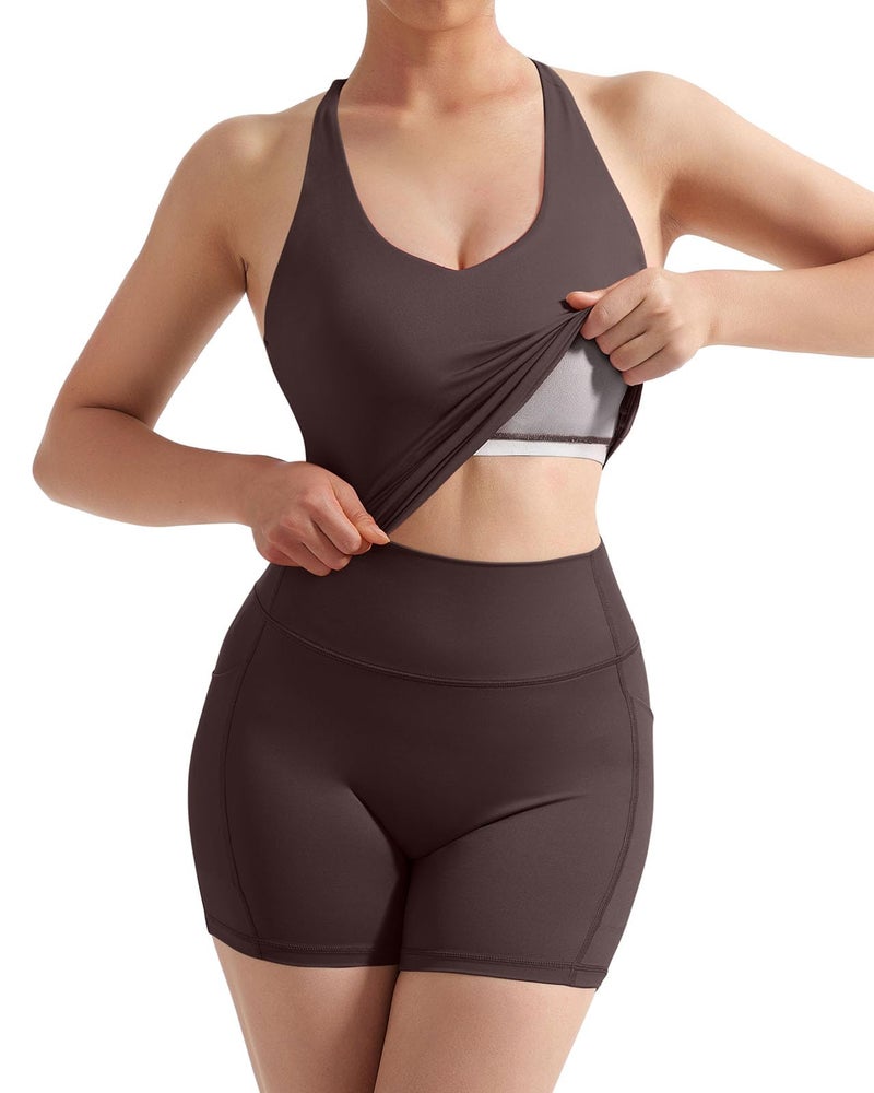 SUUKSESS Women 2 Piece Workout Sets Hidden Scrunch Butt Lifting Yoga Shorts with Pockets Backless Strappy Padded Tank Tops Outfits (Deep Brown, M) - Image 3