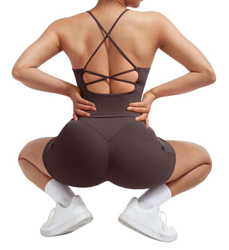 SUUKSESS Women 2 Piece Workout Sets Hidden Scrunch Butt Lifting Yoga Shorts with Pockets Backless Strappy Padded Tank Tops Outfits (Deep Brown, M) - Image 4