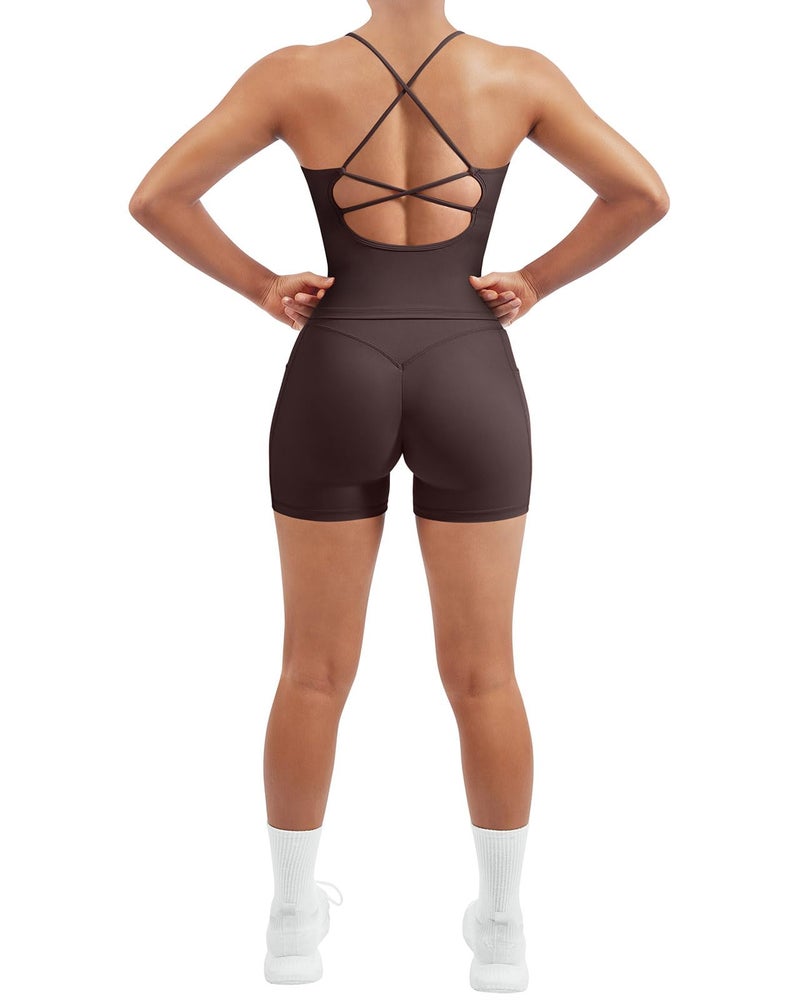 SUUKSESS Women 2 Piece Workout Sets Hidden Scrunch Butt Lifting Yoga Shorts with Pockets Backless Strappy Padded Tank Tops Outfits (Deep Brown, M) - Image 1