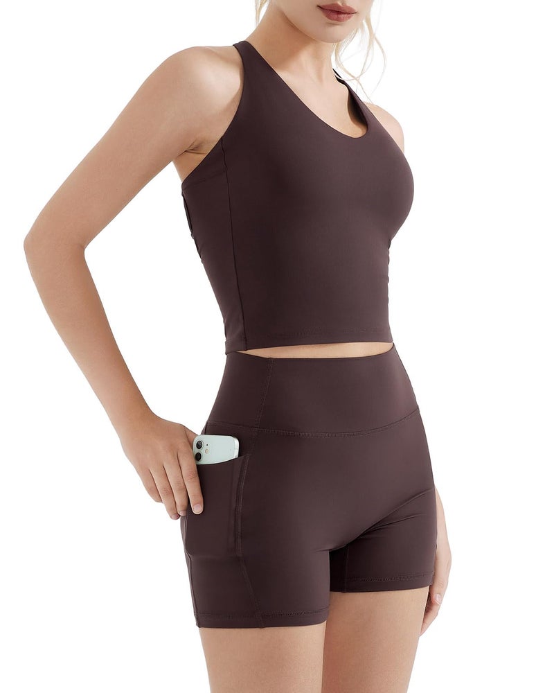 SUUKSESS Women 2 Piece Workout Sets Hidden Scrunch Butt Lifting Yoga Shorts with Pockets Backless Strappy Padded Tank Tops Outfits (Deep Brown, M) - Image 5