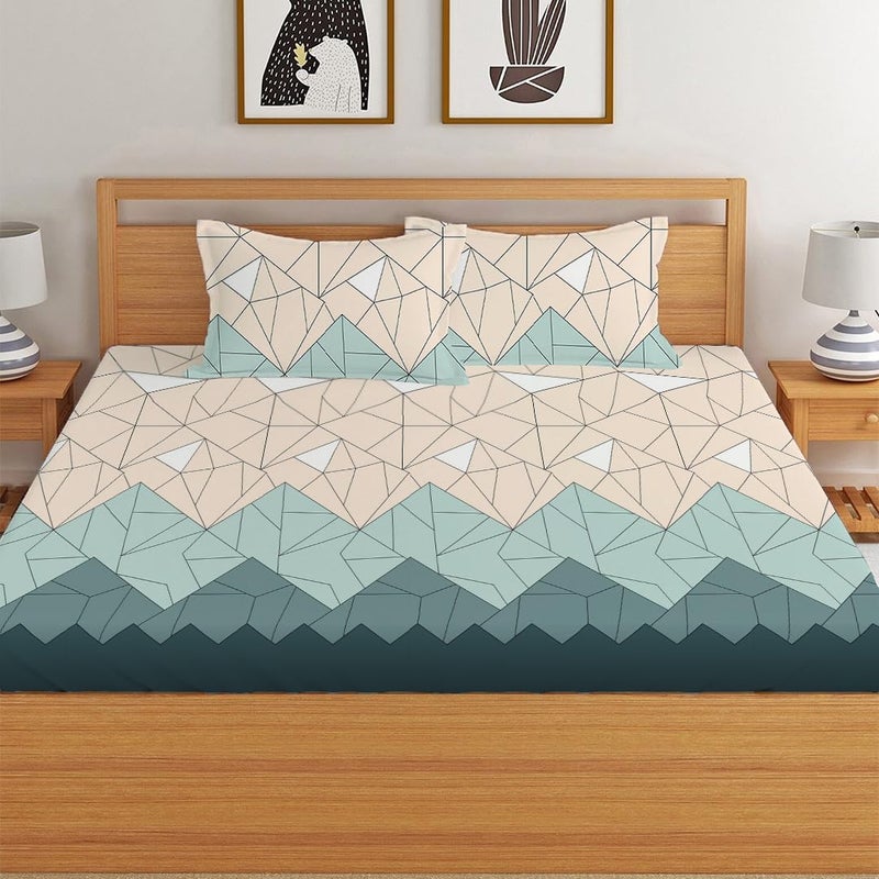 LOOMLYFE 300 TC Cotton Feel Glace Cotton Elastic Fitted Printed King Size Double Bed Bedsheet with 2 Pillow Covers Fits Upto 8 inches Mattress, Size- 72X78 Inches, BeigeGreenTri - Image 2