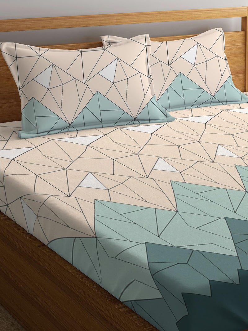 LOOMLYFE 300 TC Cotton Feel Glace Cotton Elastic Fitted Printed King Size Double Bed Bedsheet with 2 Pillow Covers Fits Upto 8 inches Mattress, Size- 72X78 Inches, BeigeGreenTri - Image 3
