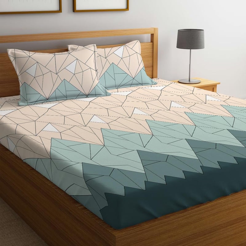 LOOMLYFE 300 TC Cotton Feel Glace Cotton Elastic Fitted Printed King Size Double Bed Bedsheet with 2 Pillow Covers Fits Upto 8 inches Mattress, Size- 72X78 Inches, BeigeGreenTri - Image 1