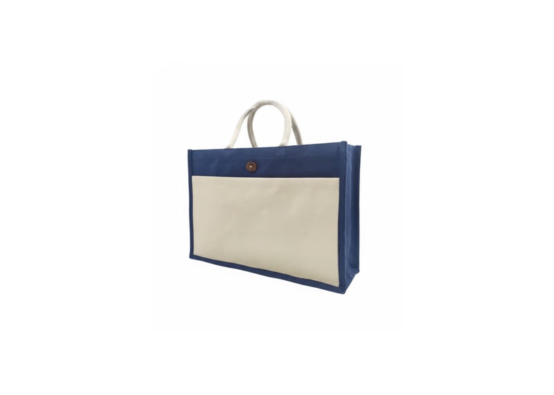 12 PIECES - Jute Shopping Tote Bag with Cotton Pocket,Two-Tone Button Closure (NATURAL JUTE/NAVY BLUE CANVAS WITH BOTTON) 41 X 33 X 15 - Image 2