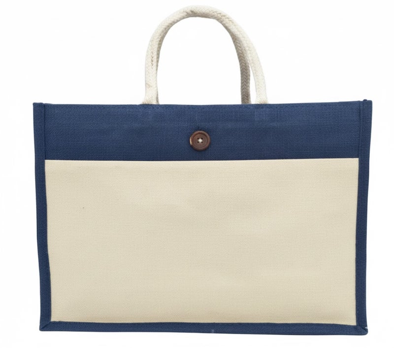 12 PIECES - Jute Shopping Tote Bag with Cotton Pocket,Two-Tone Button Closure (NATURAL JUTE/NAVY BLUE CANVAS WITH BOTTON) 41 X 33 X 15 - Image 1