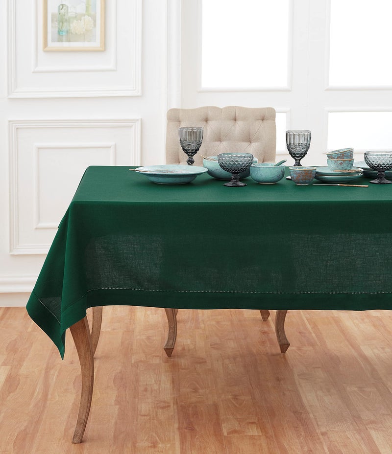 Solino Home Linen Tablecloth 60 x 120 Inch Classic Hemstitch 100 Pure Linen Rainforest Green Table Cloth for Rectangle Tables Machine Washable Tablecloth for Fall Thanksgiving Christmas