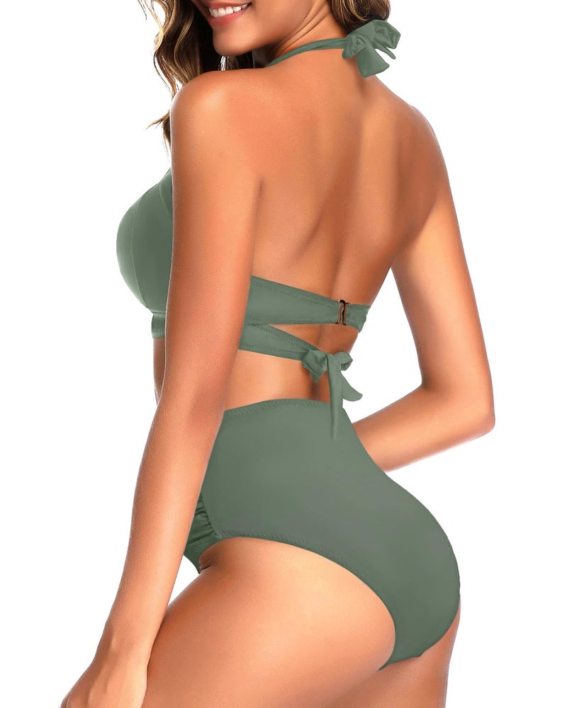 Tempt Me Women's Vintage Swimsuits Olive Green Retro Halter Ruched High Waist Bikini with Bottom L - Image 4