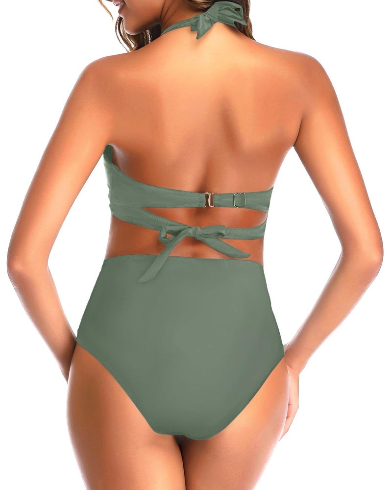 Tempt Me Women's Vintage Swimsuits Olive Green Retro Halter Ruched High Waist Bikini with Bottom L - Image 5