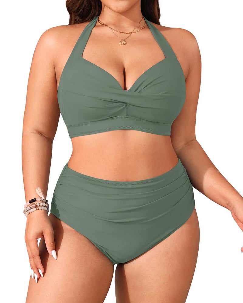 Tempt Me Women's Vintage Swimsuits Olive Green Retro Halter Ruched High Waist Bikini with Bottom L - Image 2