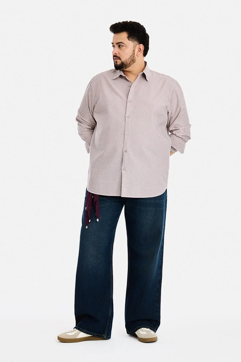 سنيتش Brown Checkered Long Sleeve Regular Fit Plus Size Shirt