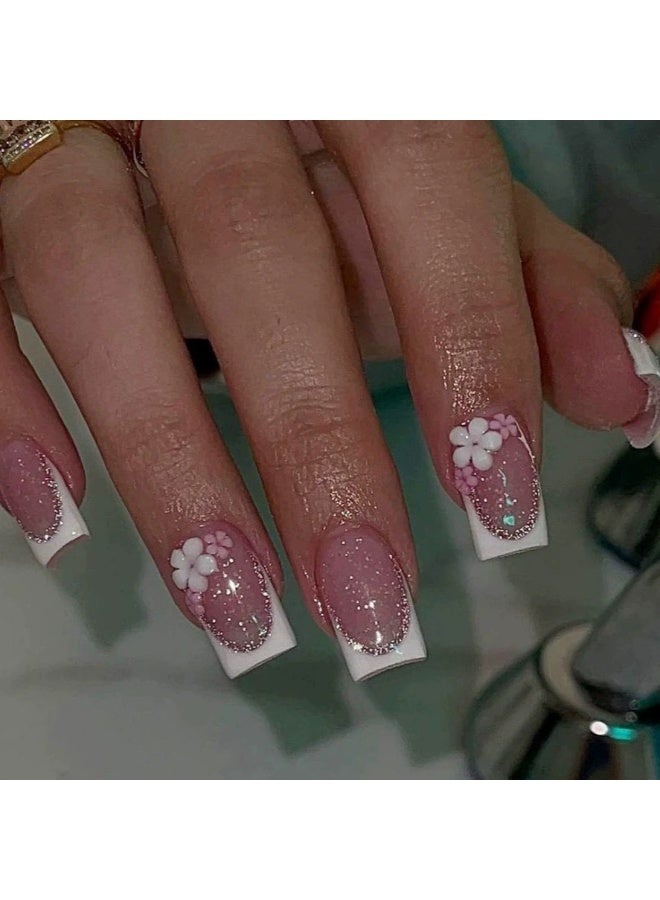 Goolsky أظافر ضغط مربعة قصيرة فاخرة مع فرنسي أبيض و glitters زهرية ثلاثية الأبعاد لجاذبية ساحرة - Image 1