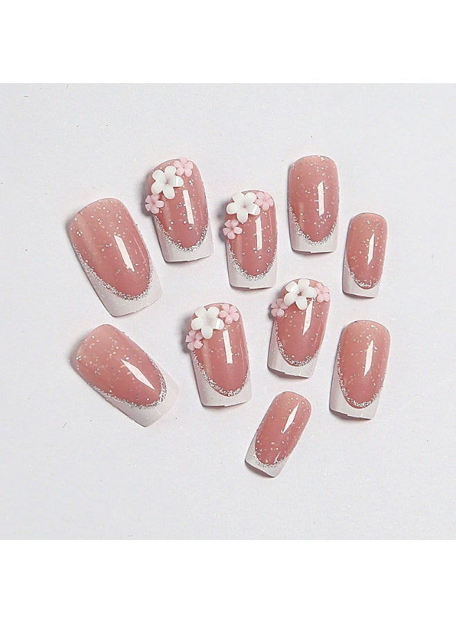 Goolsky أظافر ضغط مربعة قصيرة فاخرة مع فرنسي أبيض و glitters زهرية ثلاثية الأبعاد لجاذبية ساحرة - Image 3