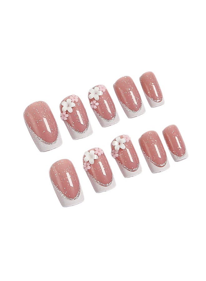 Goolsky أظافر ضغط مربعة قصيرة فاخرة مع فرنسي أبيض و glitters زهرية ثلاثية الأبعاد لجاذبية ساحرة - Image 2