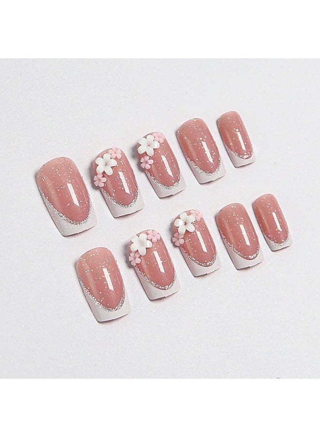 Goolsky أظافر ضغط مربعة قصيرة فاخرة مع فرنسي أبيض و glitters زهرية ثلاثية الأبعاد لجاذبية ساحرة - Image 4