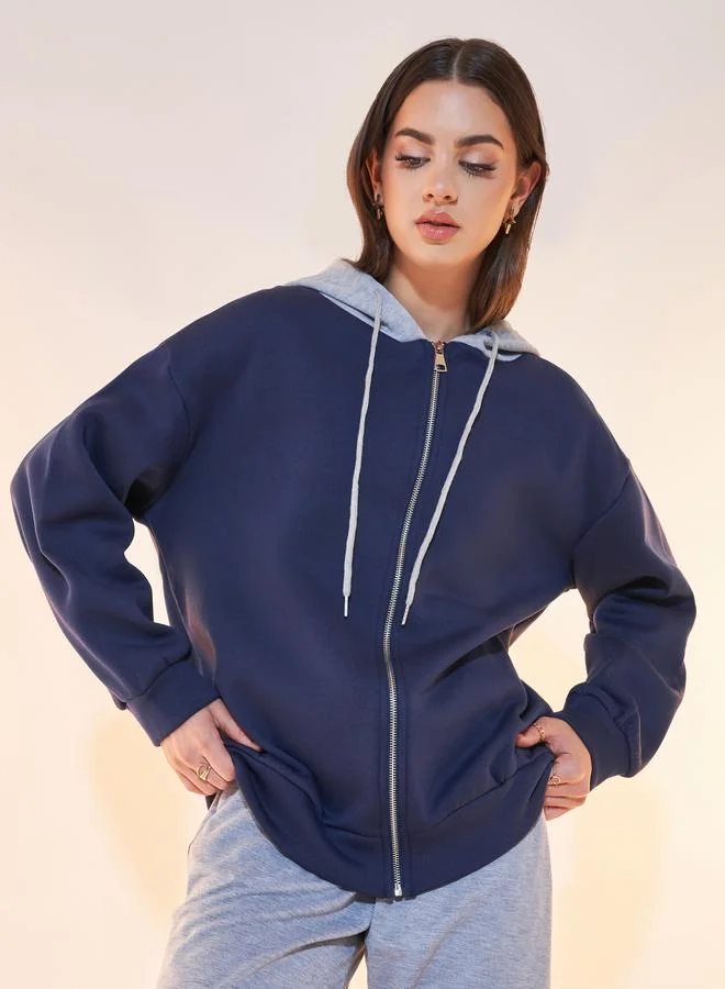 Take Two Contrast Hoodie Front Zip Jacket