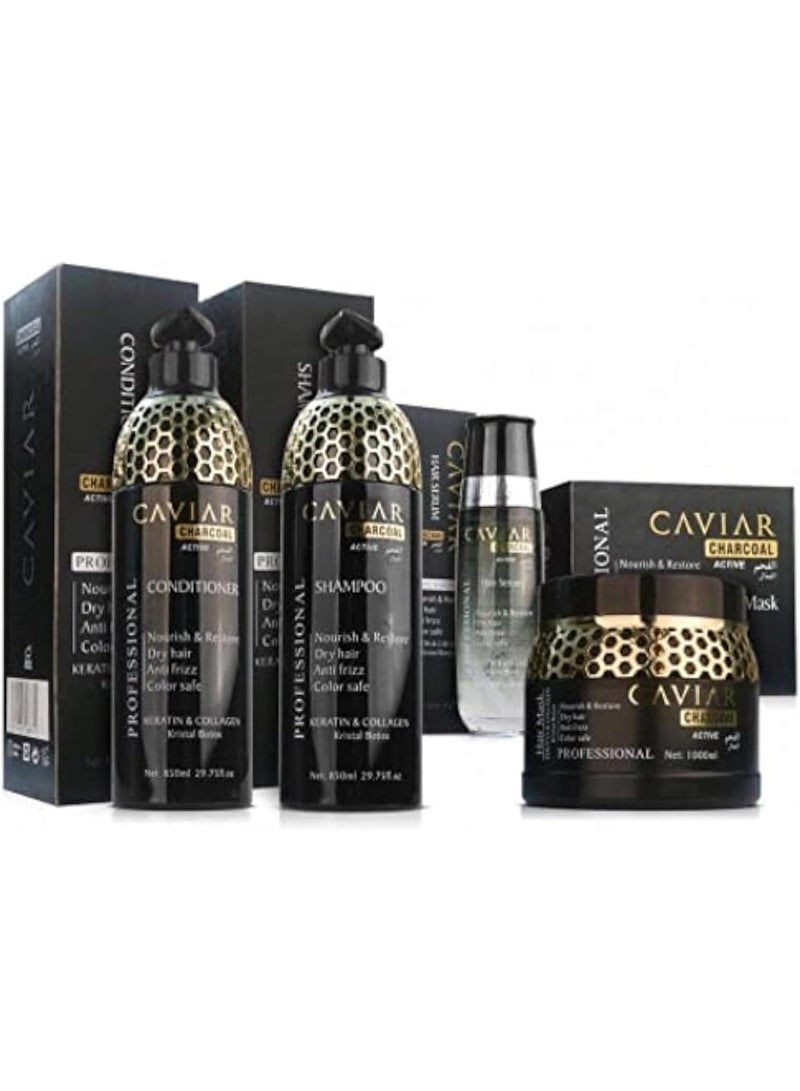 Caviar Charcoal Kit Keratin (Shampoo &Conditioner 850ml,Hair Mask 1000ml & Hair Serum 100ml) Set - Image 1