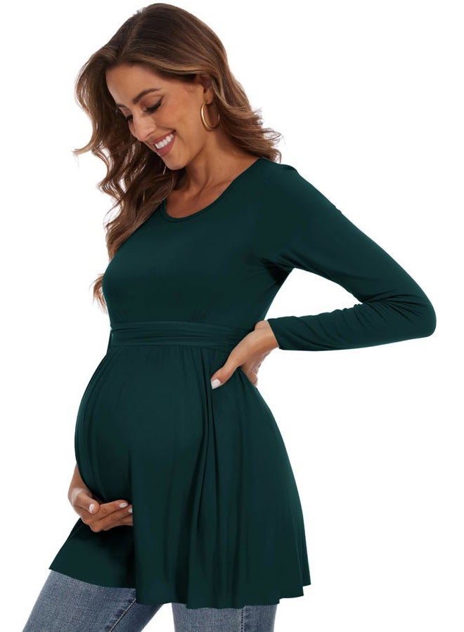 WOOXIO بلوزات الحمل النسائية بأكمام قصيرة وطويلة مع خصر مطوي ملابس الحمل أخضر داكن، M - Image 1