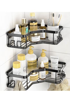 Corner Shower Shelf with Adhesive, Stainless Steel Shower Storage Shower Shelf with 8 Hooks for Indoor Shower, Black